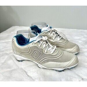 Footjoy Aspire Golf Shoes Women's sz 7.5M Tan Ivory Aqua Accent Golf Sports FJ
